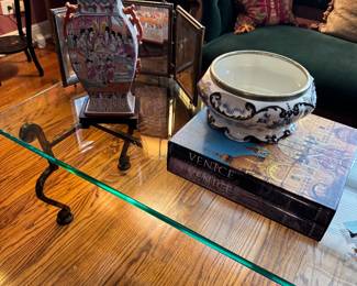 Glass Coffee Table, Chinese Rose Famile Covered Urn ,