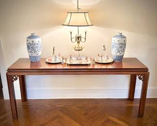 Asian-style sofa table with blue & white ginger jars, vintage brass Baldwin French horn lamp, and 13 Beatrix Potter figurines