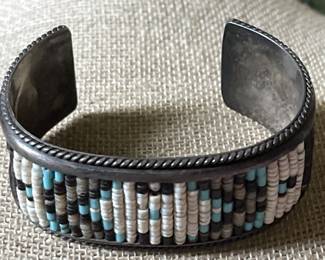Vtg Sterling Silver Southwest Cuff Beaded Bracelet