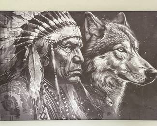 Native American in Full Headdress & Wolf on Canvas