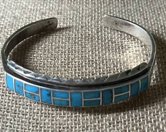 Sterling Silver & Inlaid Turquoise Southwest Cuff