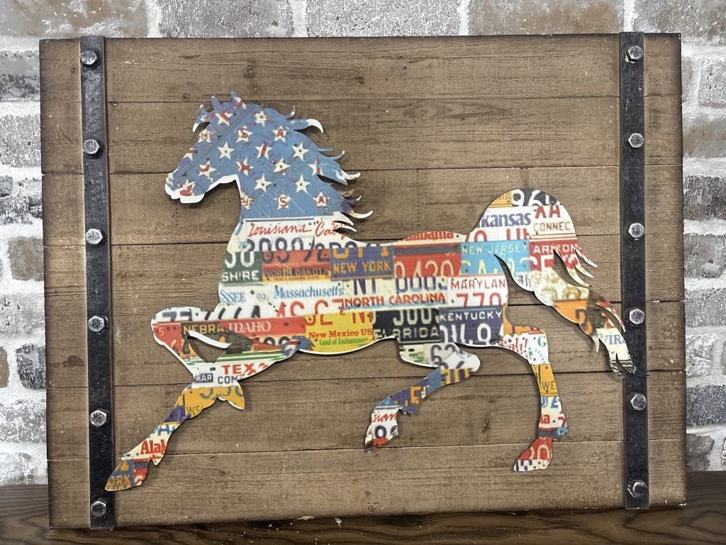 License Plate Flat Horse Image on Barn Wood