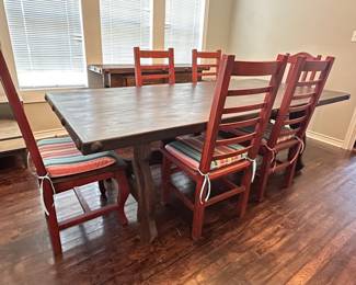 Rustic Ranch Table & 6-Red Chairs w/ Cushions