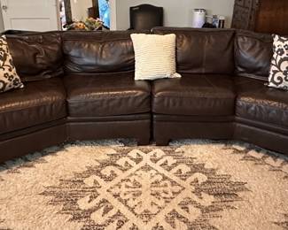 Brown Leather Curved Sectional Sofa, 4 Cushions