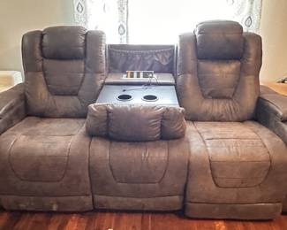 Brown Leather Powered Theater/Gamer Recliner Sofa