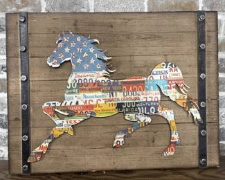 License Plate Flat Horse Image on Barn Wood
