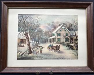 Rural Winter Farmhouse w/ Horsedrawn Sleigh Scene