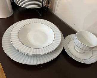 Mikasa Adrian Gray, no longer available anywhere. TWO FULL sets of 8 place settings. Each place setting includes dinner plate, dessert plate, soup bowl, cup and saucer.