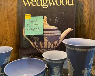 Wedgewood coffee table book SIGNED by Lord Wedgwood himself. Plus, various blue Jasperware.