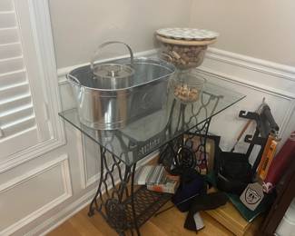 Antique sewing table with glass top, drink tub, ice bucket, etc.