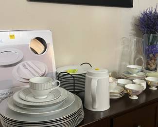 Chargers, Coffee pitcher, Dessert plates from World Market.