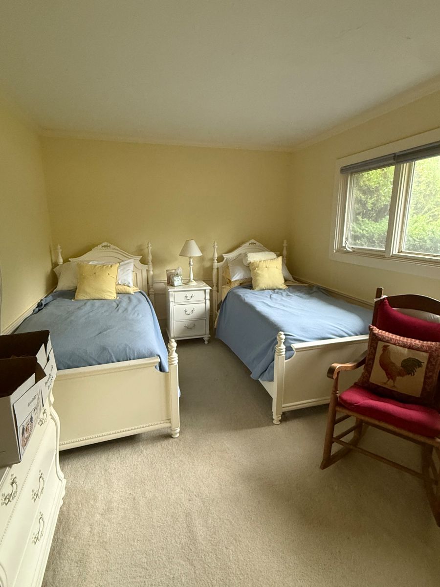 White twin bed bedroom set two beds nightstand bookshelf and dresser