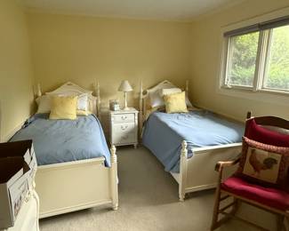 White twin bed bedroom set two beds nightstand bookshelf and dresser