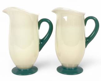 Pair Of Fry Foval Jade Green Opalescent Footed Jugs