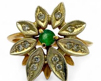 Diamond & Emerald 14K Gold Floral Ring