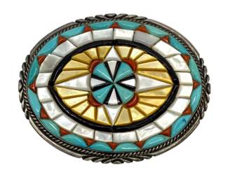 Zuni Turquoise Coral & Mother Of Pearl Sterling Belt Buckle