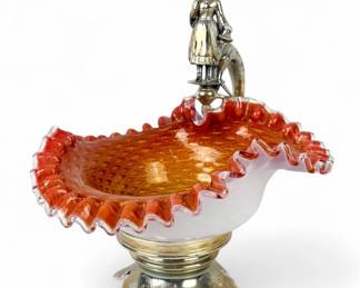 Red Orange Glass Ruffled Brides Basket & Silver Holder