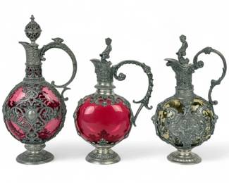 (3pc) Antique Pewter & Colored Glass Ewers