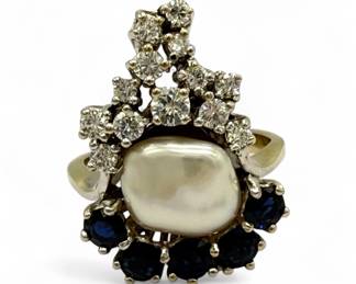 Vintage Diamond Sapphire & Pearl 14K Gold Cocktail Ring