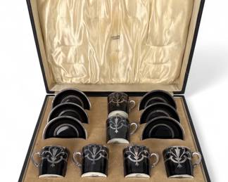 (6pc) Aynsley Silver Overlay Cup & Saucer Box Set