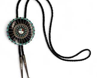 Zuni Turquoise Onyx Coral & Mother Of Pearl Bolo Tie