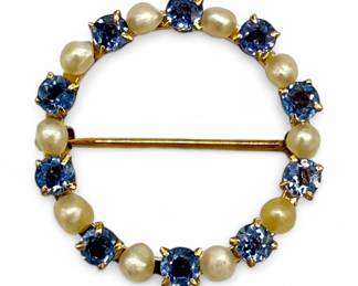 Sapphire & Pearl 14K Yellow Gold Pin