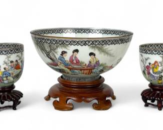 Chinese Eggshell Porcelain Bowl and Cups on Wood Stands
