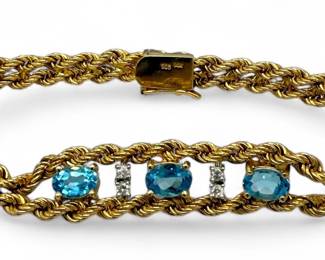 14K Yellow Gold Diamond & Blue Topaz Bracelet