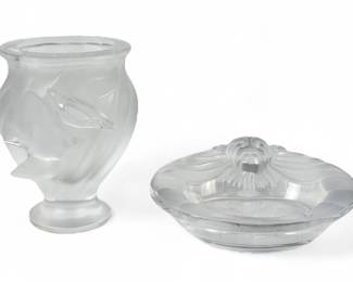 Lalique Crystal Glass Dove Vase & Lion Bowl