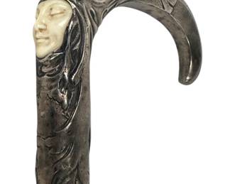 Art Nouveau Silver, Garnet & Carved Bone Cane
