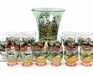 (17pc) Hand-Painted Hunting Scene Glassware Set w/ Vase