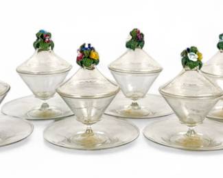(8) Venetian Glass Dessert Lidded Cups & (7) Saucers