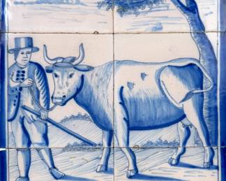 Delftware Set of Six Blue Tiles – Man with Ox Scene