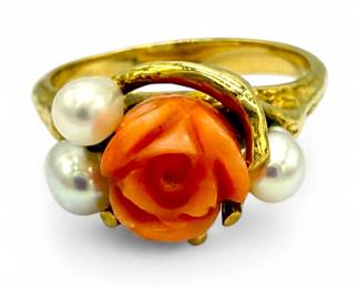 Coral Pearl 14K Gold Flower Ring