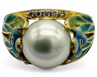 18K Yellow Gold Pearl & Diamond Enameled Ring