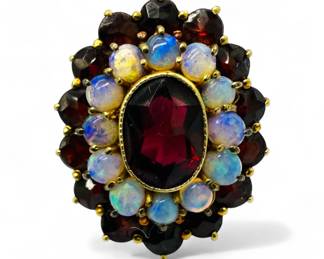 14K Yellow Gold Opal & Garnett Cluster Ring