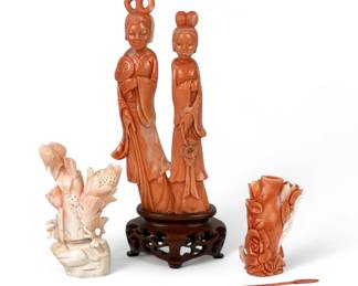 (3pc) Antique Chinese Carved Coral Items