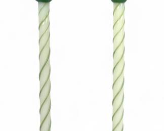Pair Of Fry Foval Jade Twist & Silver Overlay Candlesticks