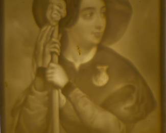 Antique Porcelain Lithophane Plaque Woman with Staff