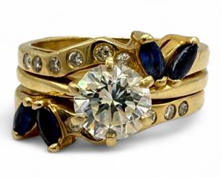 One Carat Diamond & Sapphire 14K Gold Trio Ring Set