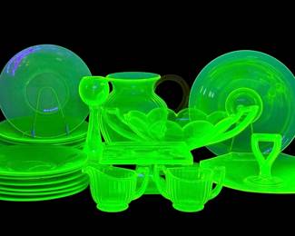 (25pc) Uranium Set Of Dishes Candlesticks & More