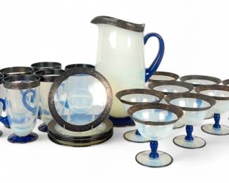 (20pc) Fry Foval Delft Blue Silver Accented Lemonade Set