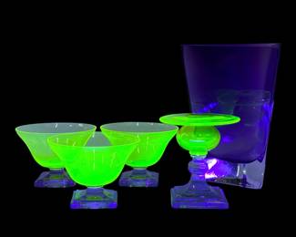(5pc) Vaseline Uranium Glass W/ Purple Accents