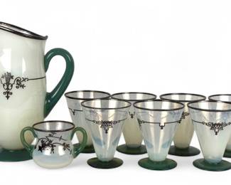 (8pc) Fry Foval Jade Green Silver Accented Iced Tea Set