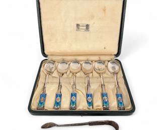 Antique Liberty Enameled Sterling Spoons & Tong