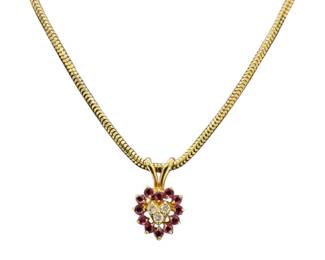14K Yellow Gold Necklace w/ Diamond Ruby Pendant