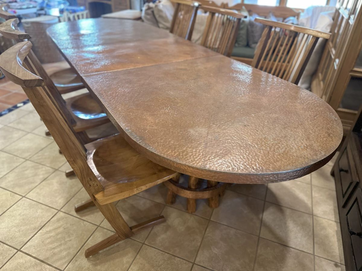Custom Dining Room Table with Copper Top Decorative Top - Expandable - Shown with 6 Cantilever Saddle Dining Chairs - Beautiful