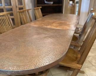 Custom Dining Room Table with Copper Top Decorative Top - Expandable - Shown with 6 Cantilever Saddle Dining Chairs - Beautiful