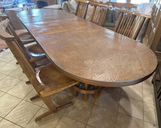 Custom Dining Room Table with Copper Top Decorative Top - Expandable - Shown with 6 Cantilever Saddle Dining Chairs - Beautiful