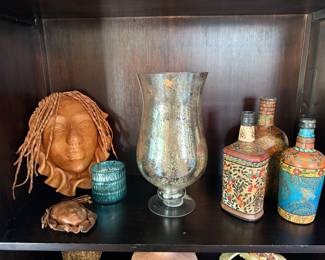 Sculpted leather mask, mercury glass, glass & pottery painted bottles - made in India